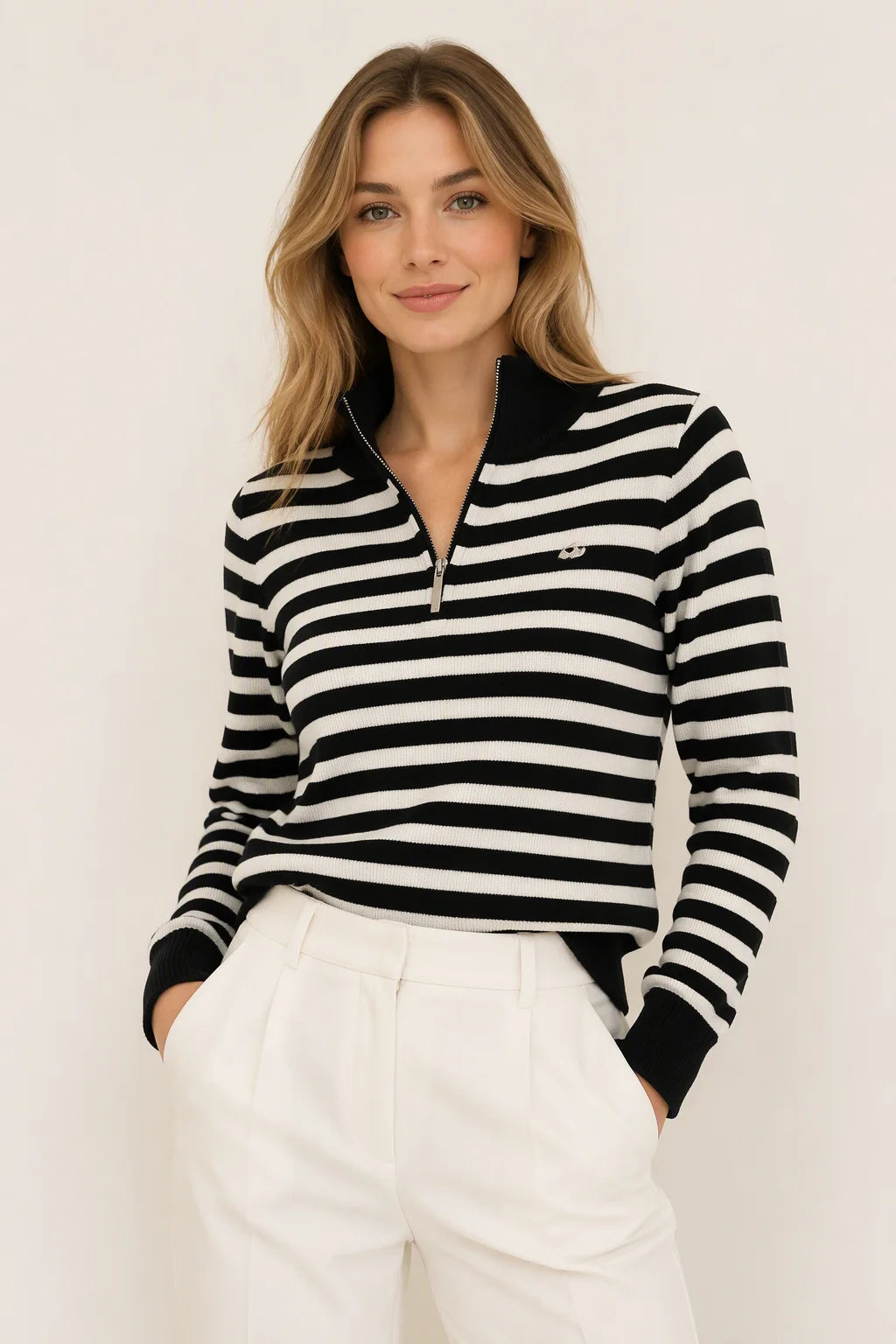 Thera Half-Zip Striped Wool-Blend Sweater - Classic Noir Back View