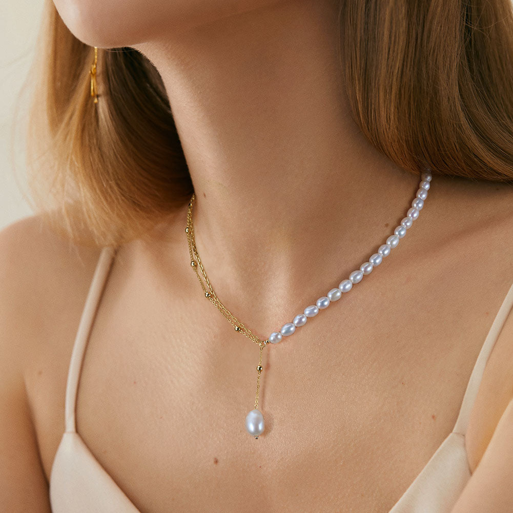 Lunar Pearl Lariat Necklace