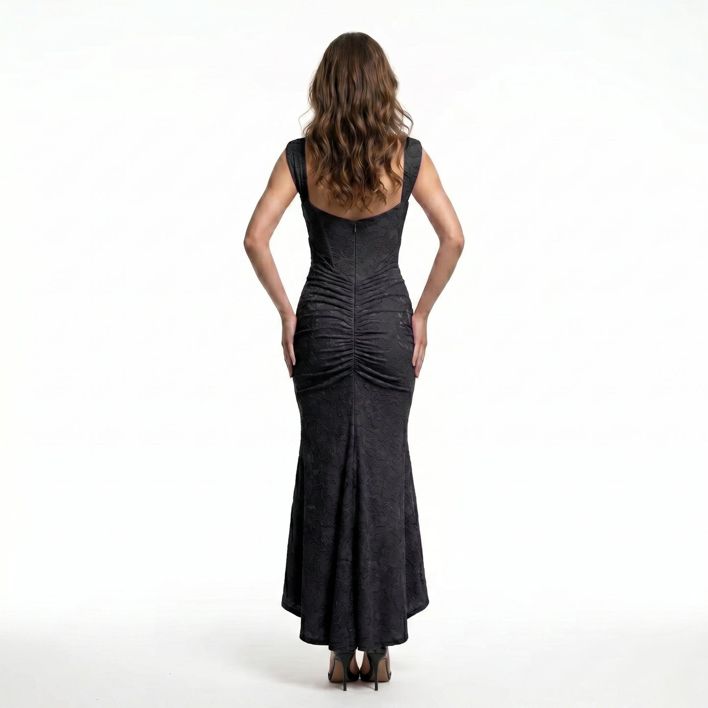 black-damask-mermaid-gown-back-model-calypso-contour
