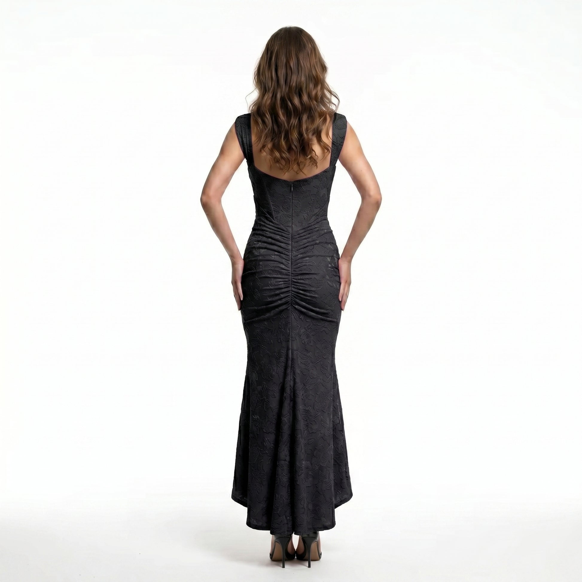black-damask-mermaid-gown-back-model-calypso-contour