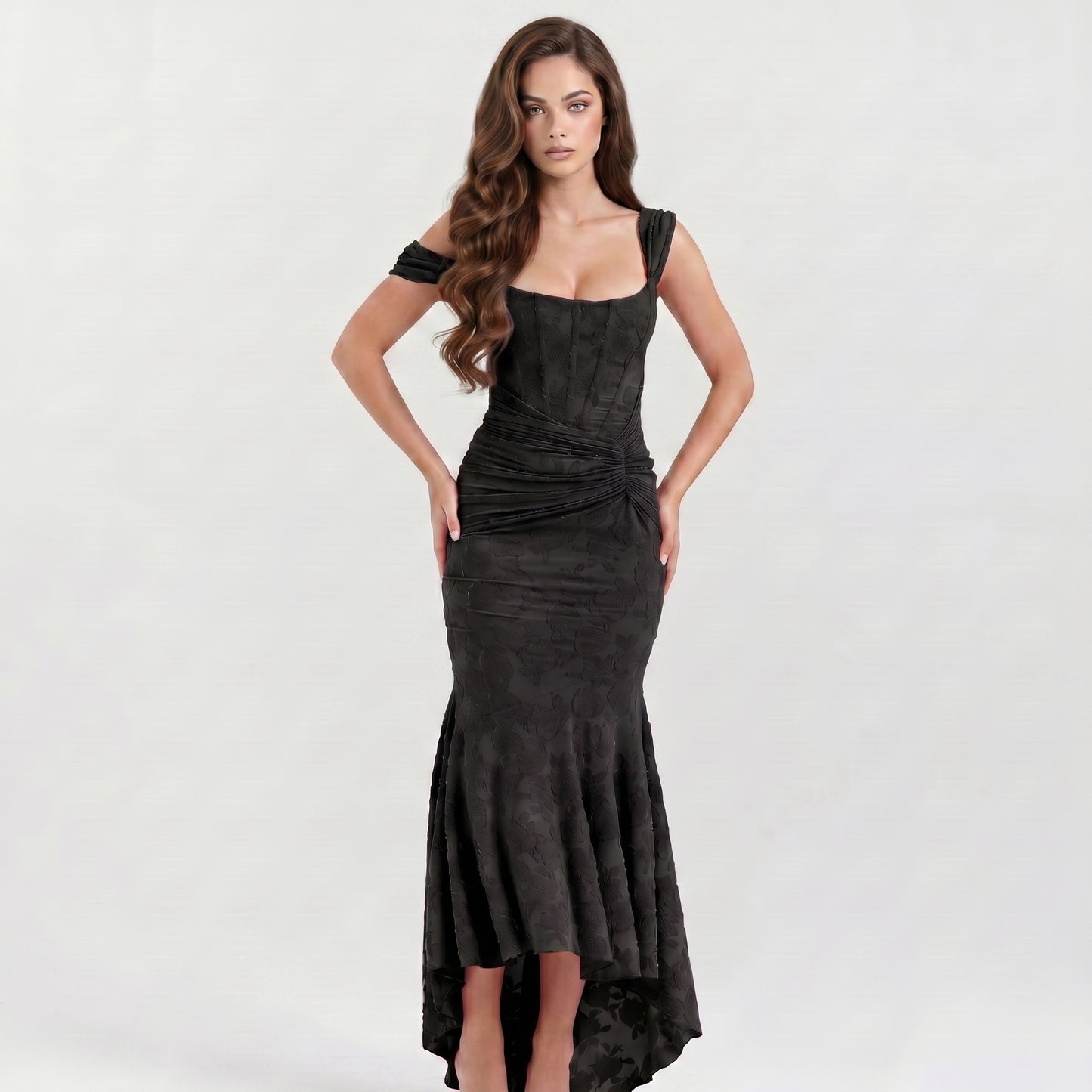 black-damask-mermaid-gown-front-model-calypso-contour