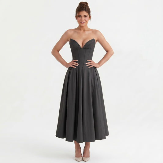 black-polyester-corset-midi-dress-front-model-eos-radiance