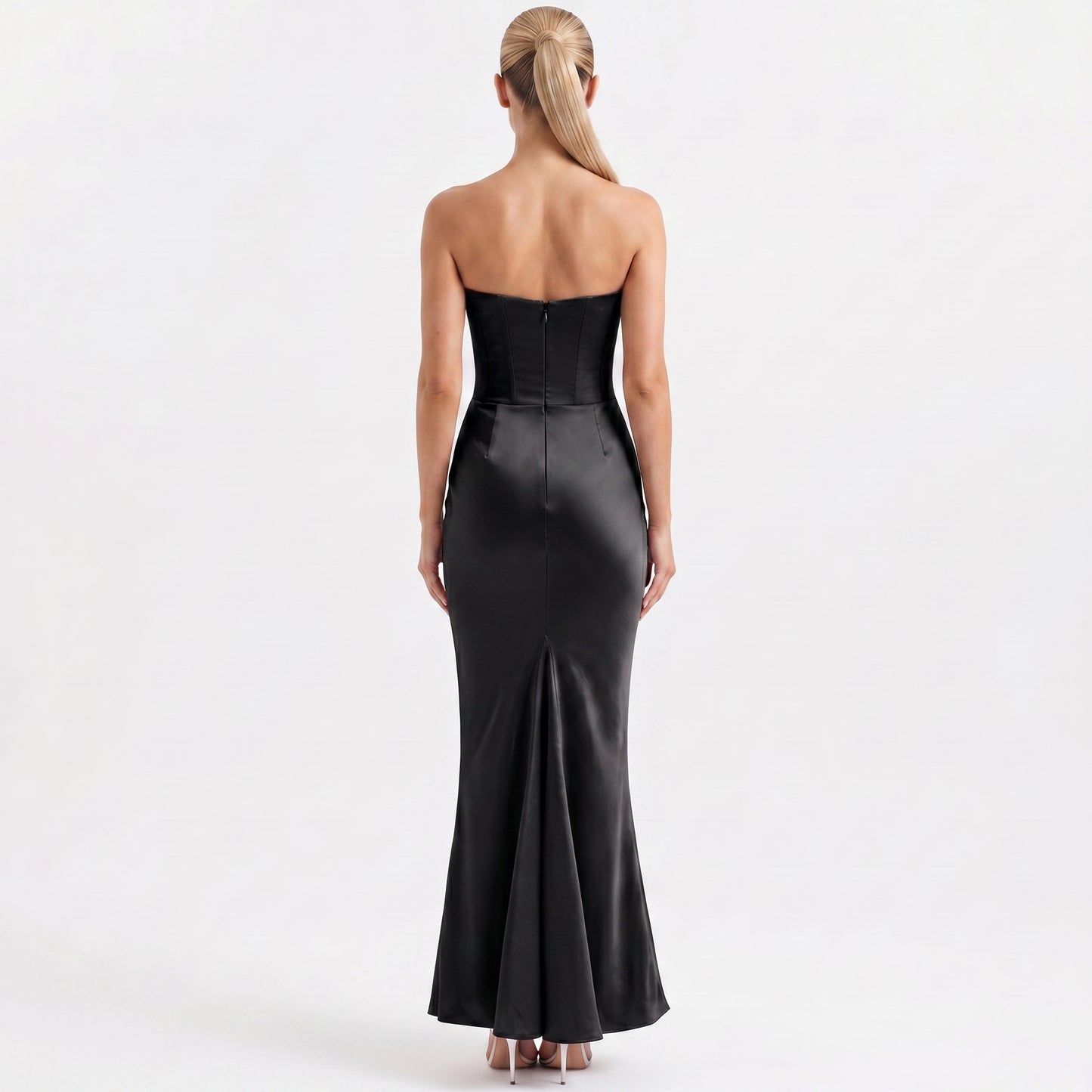 black-satin-corset-maxi-dress-back-model-aphrodite-allure