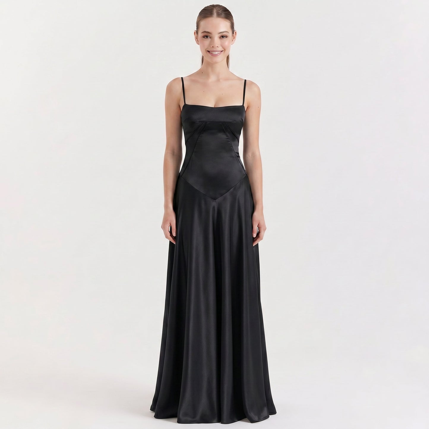 black-satin-maxi-gown-front-model-urania-radiance