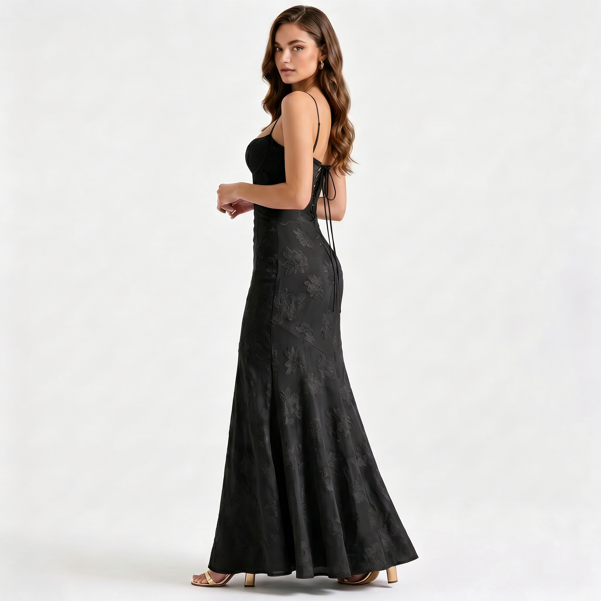 Black Floral Satin Slip Maxi Dress | Elegant Evening Gown for Women | Formal Occasion