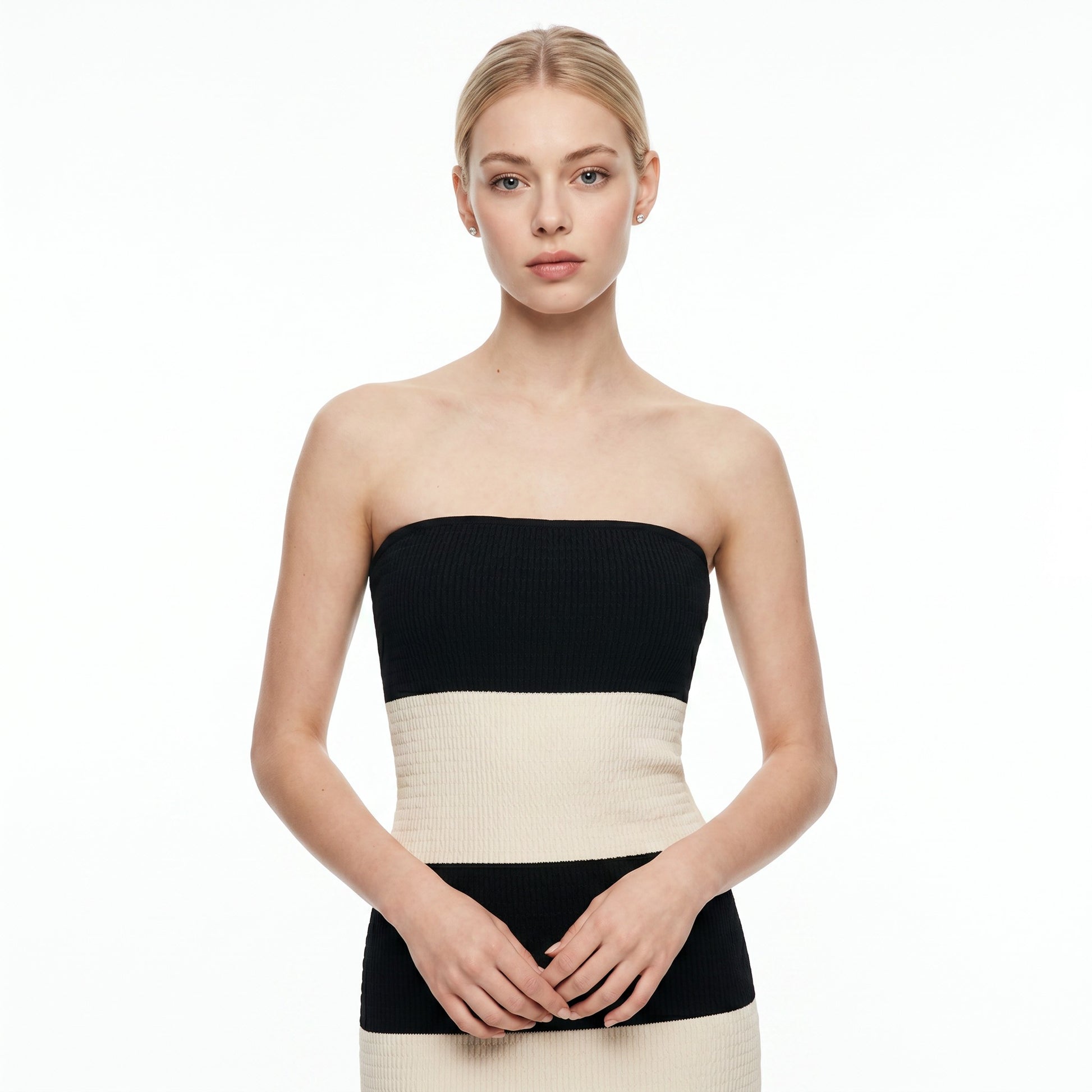 Black White Striped Strapless Midi Dress for Women | Sleek Summer Style