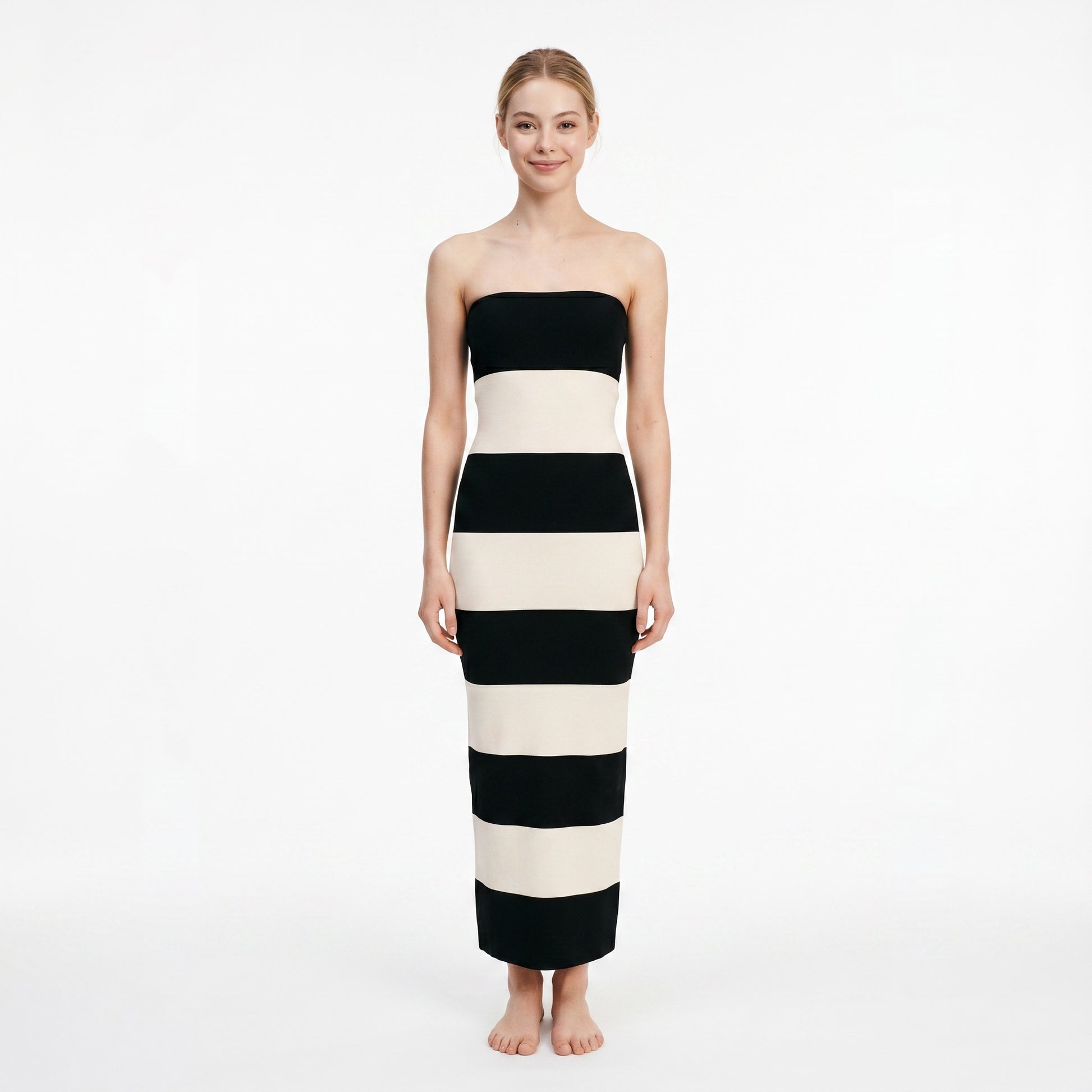 Black White Striped Strapless Midi Dress for Women | Sleek Summer Style