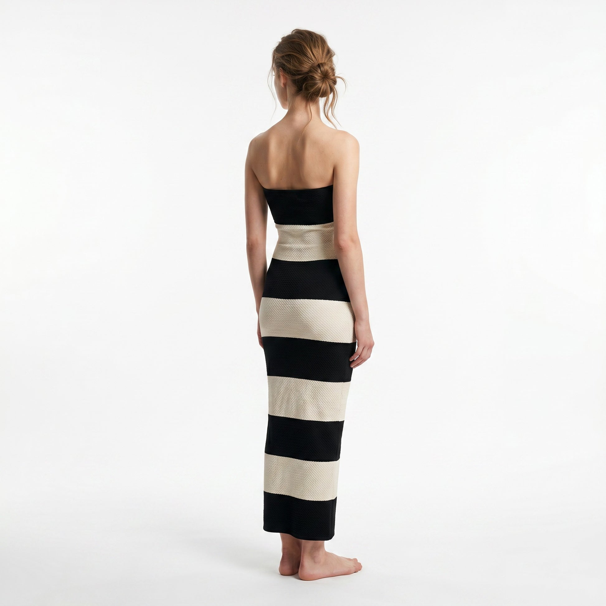 Black White Striped Strapless Midi Dress for Women | Sleek Summer Style