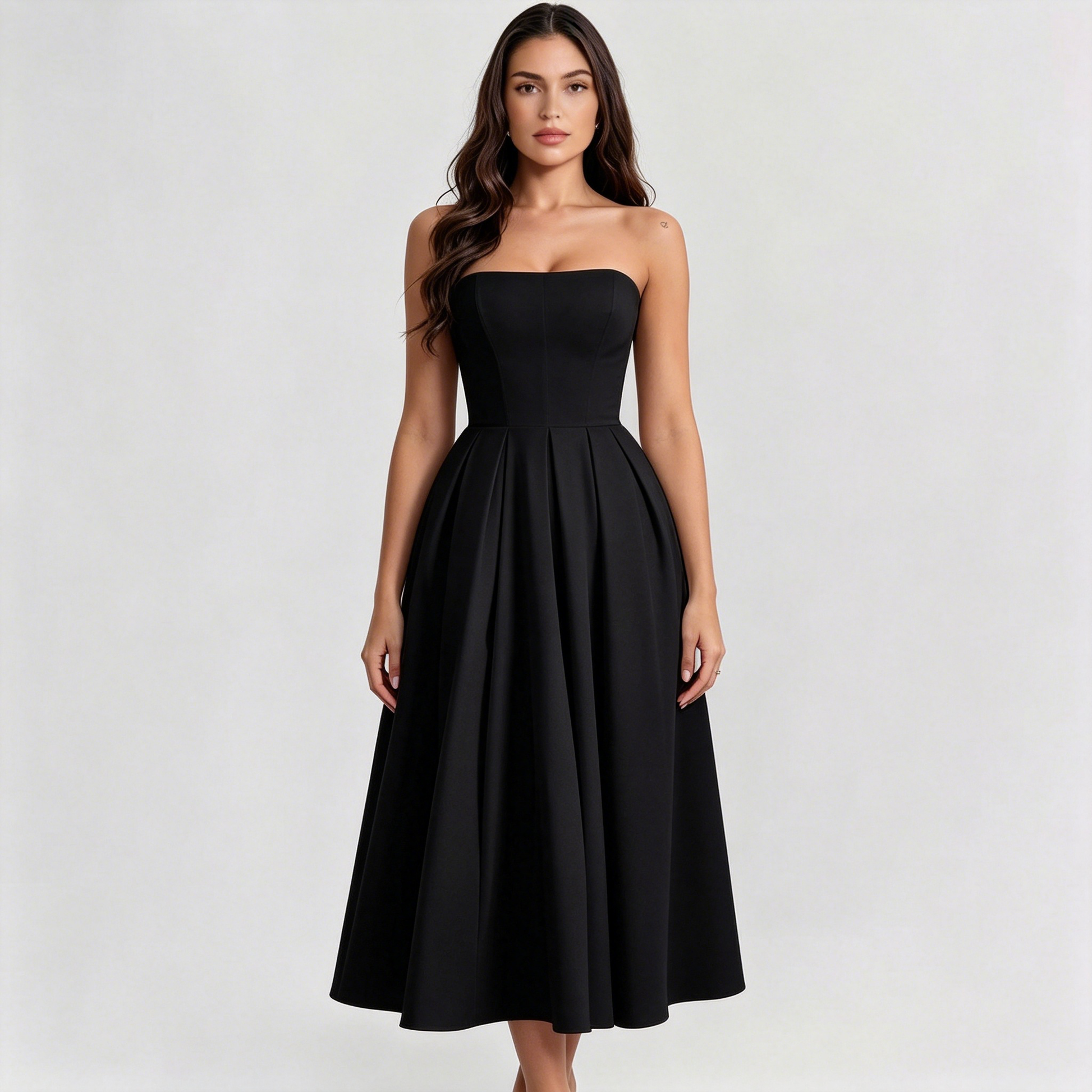 black strapless a line midi dress Amariah | Black Bandeau Midi Dress With Scarf-Detail
