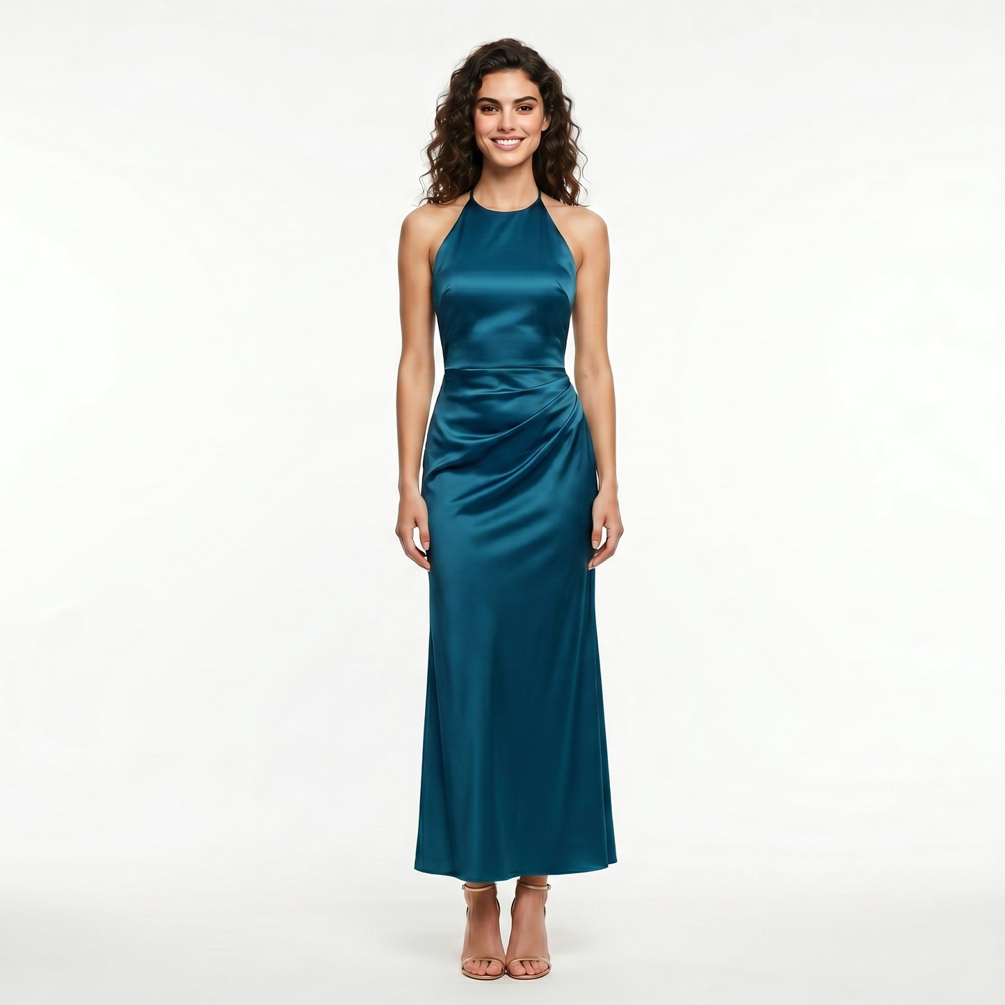 blue-satin-halter-dress-front-model-selene-splendor