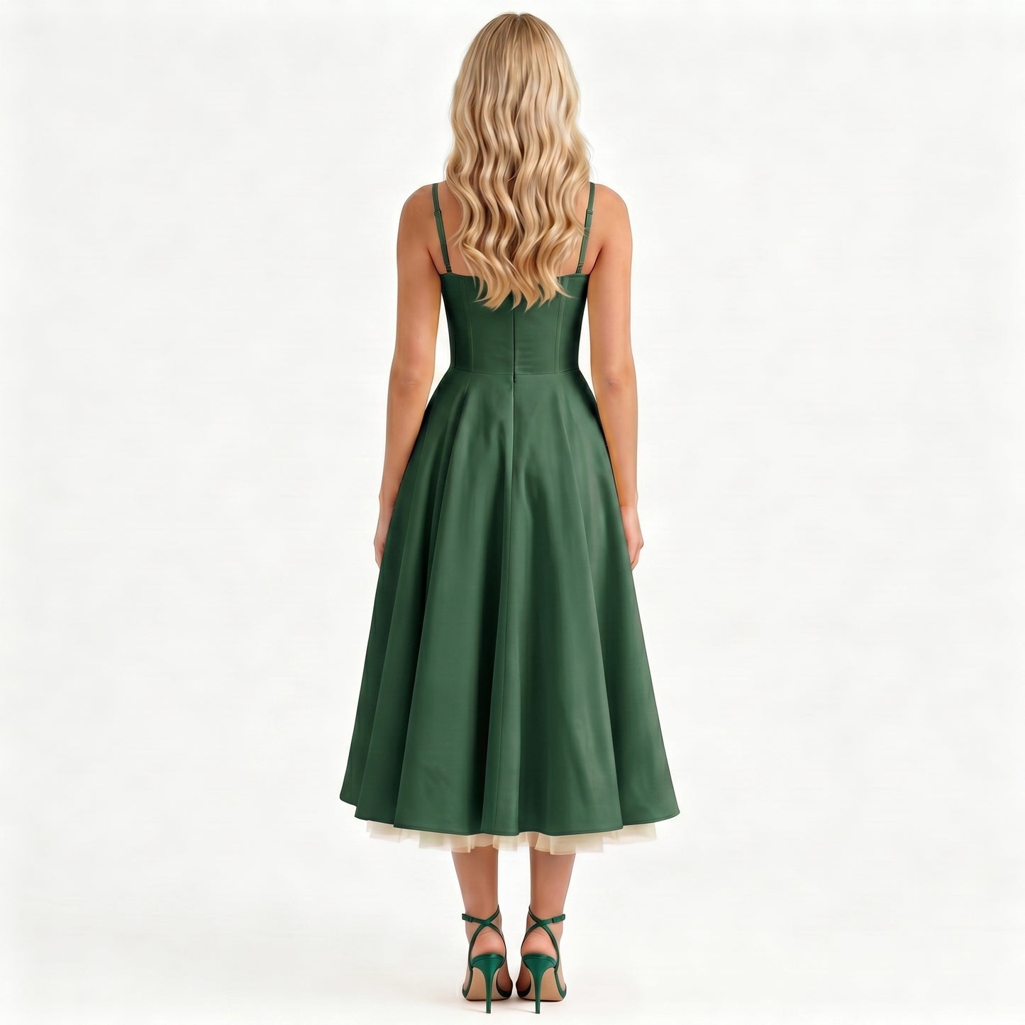 emerald-satin-a-line-midi-dress-back-model-juno-muse