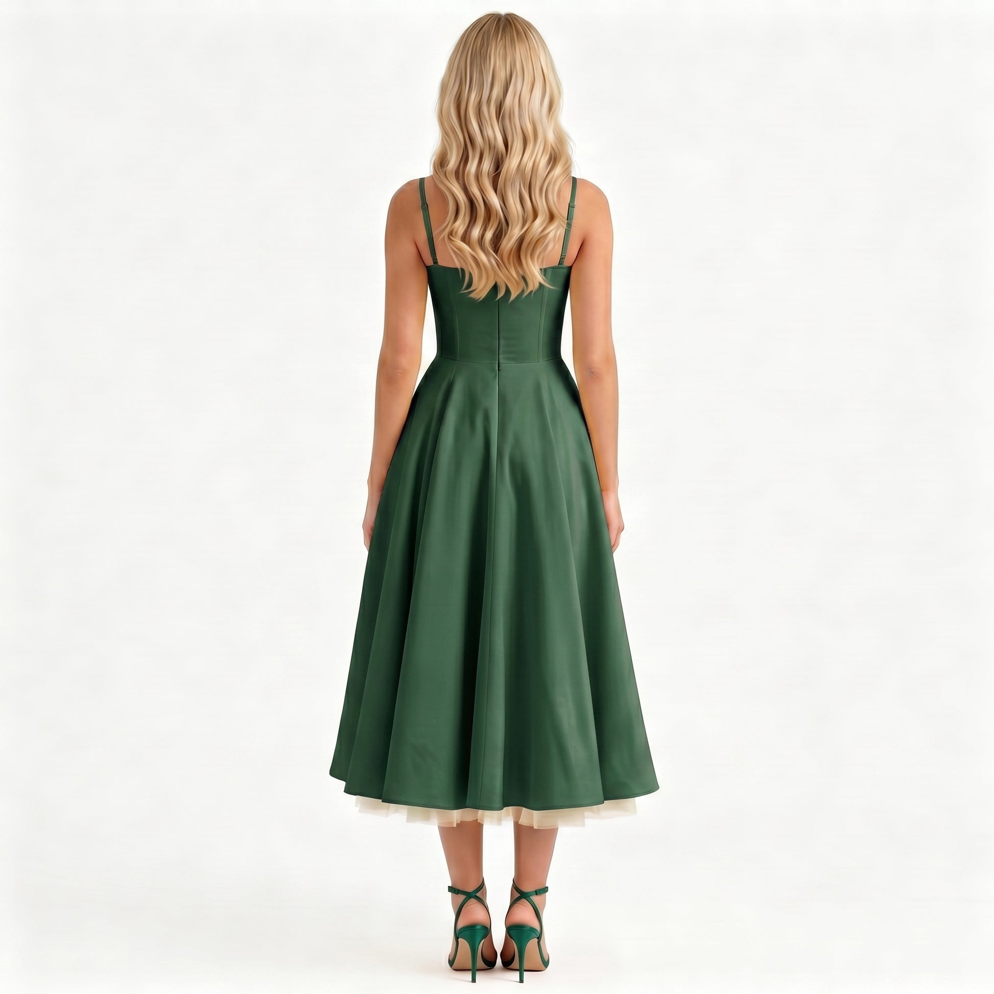 emerald-satin-a-line-midi-dress-back-model-juno-muse