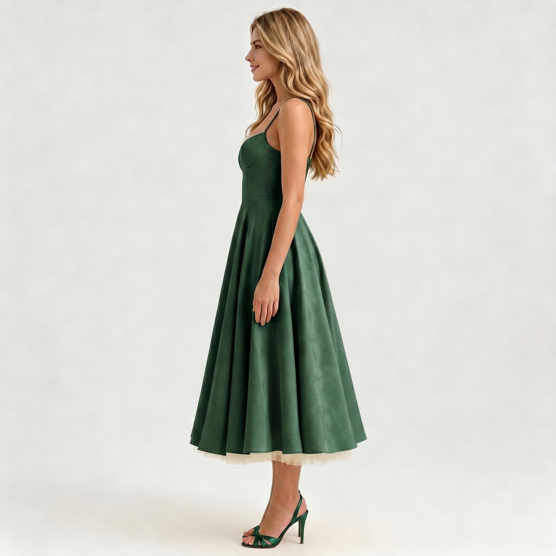 forest green midi dress Azazie Dresses A-Line Formal Semi-Formal Dresses Bateau Embroidery soft chiffon fabric flatters petite and plus size figures Mauka Midi Dress - Forest