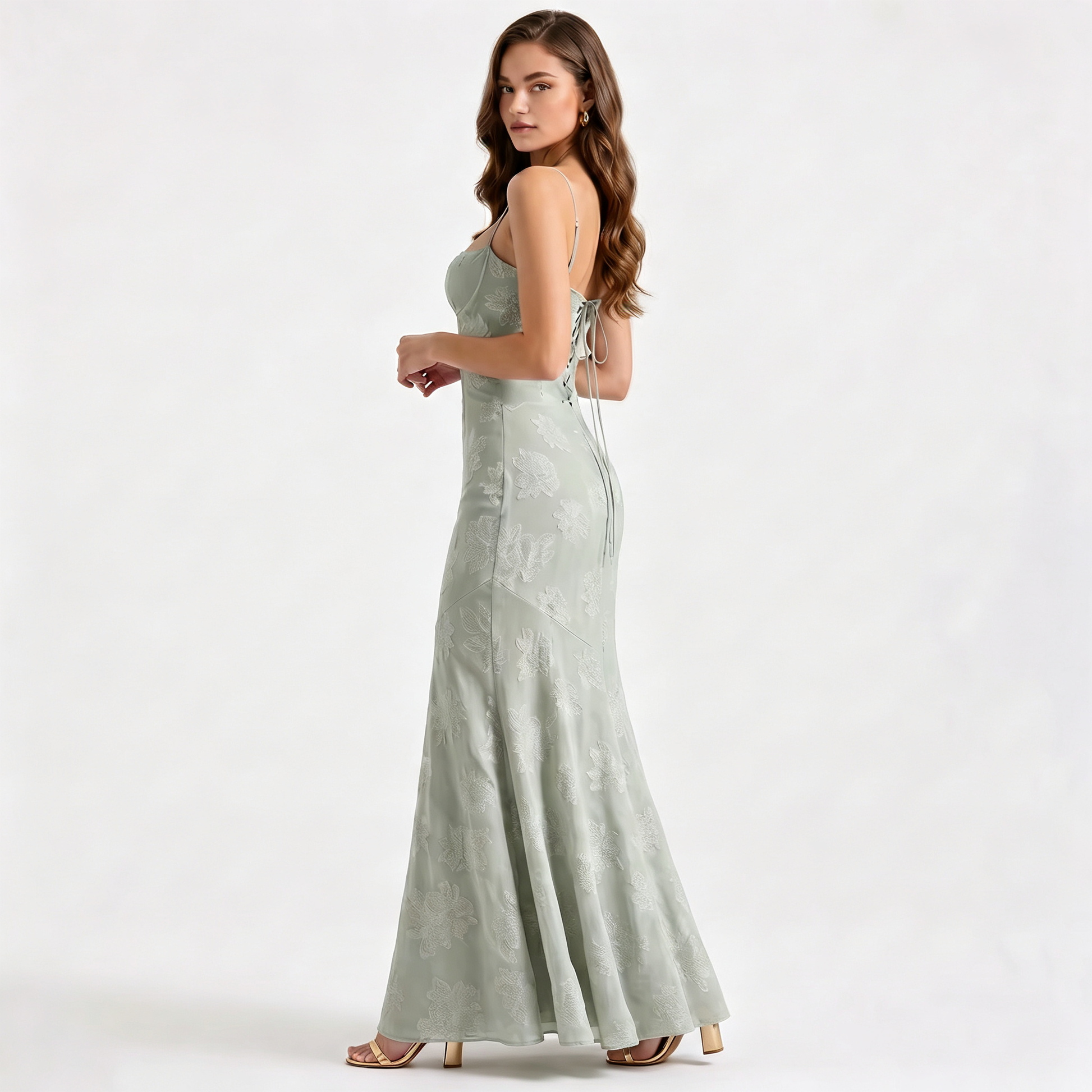 Sage Green Floral Satin Maxi Dress | Elegant Slip Gown for Women | Formal Evening