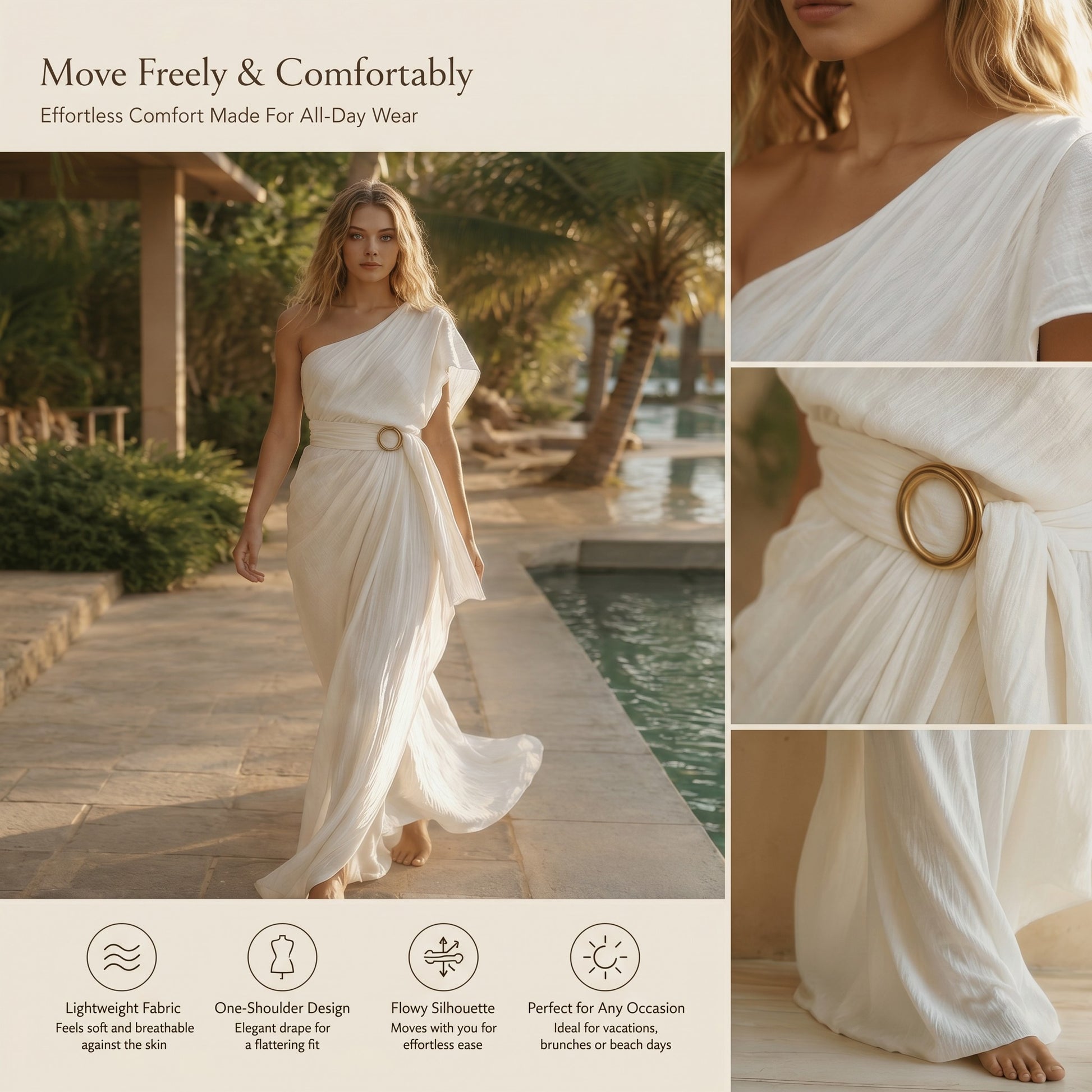 White Grecian One-Shoulder Maxi Dress | Elegant Cotton Blend for Women | Summer Beach | Wedding Guest