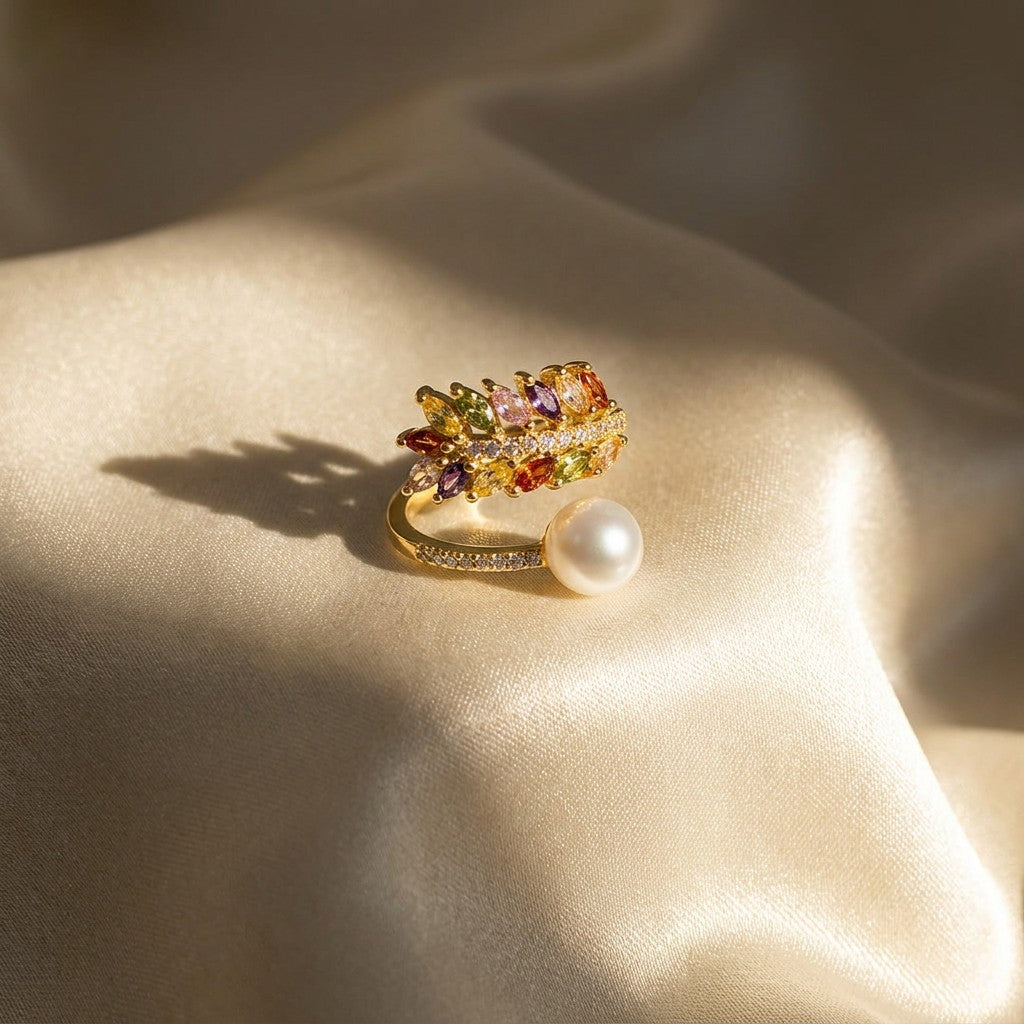 multicolor-pearl-moissanite-gold-plated-brass-ring-creative-artistic-display-silkfrost-symphony