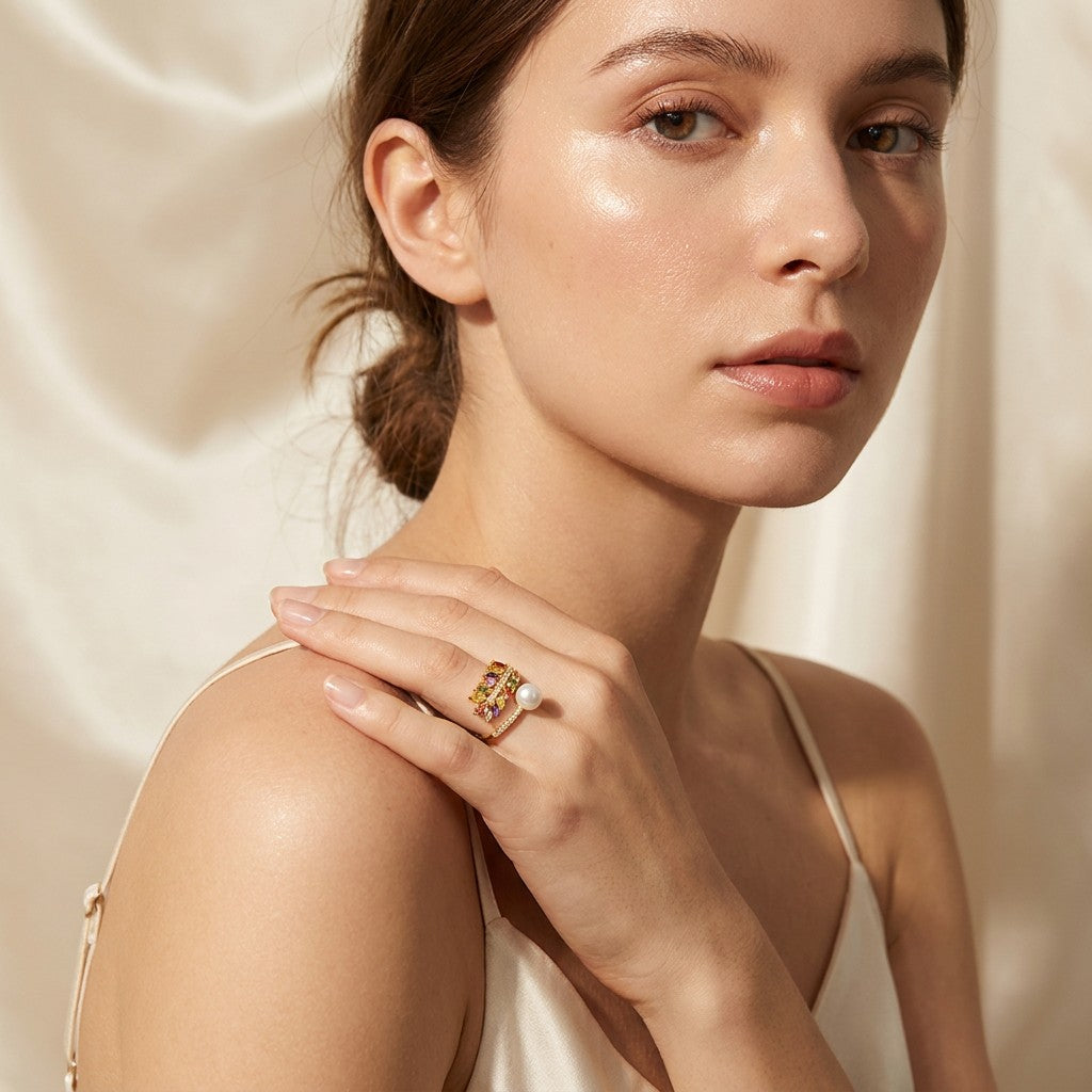 multicolor-pearl-moissanite-gold-plated-brass-ring-stacking-style-silkfrost-symphony