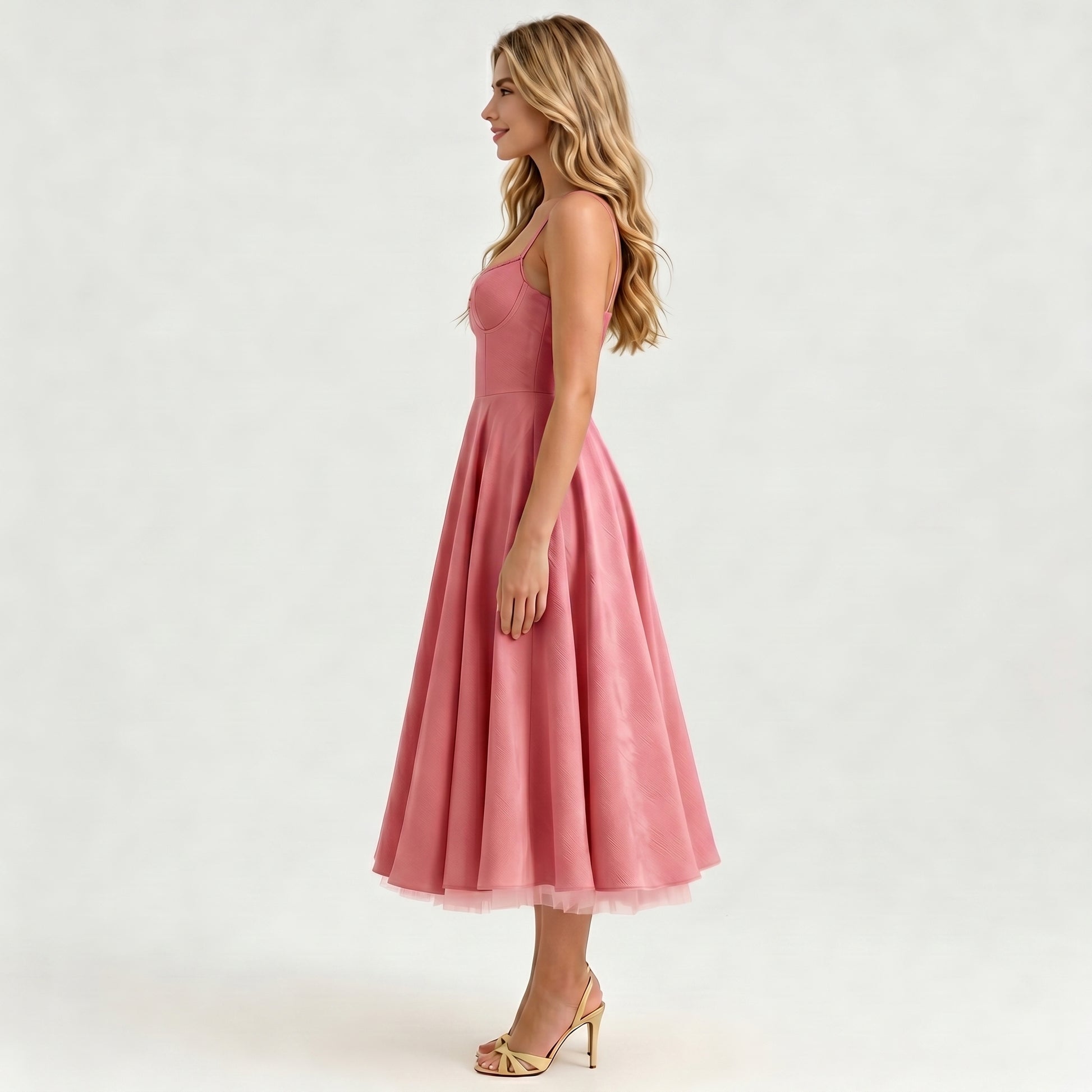 Blush Pink A-Line Midi Dress | Bustier Bodice | Women's Cocktail & Party