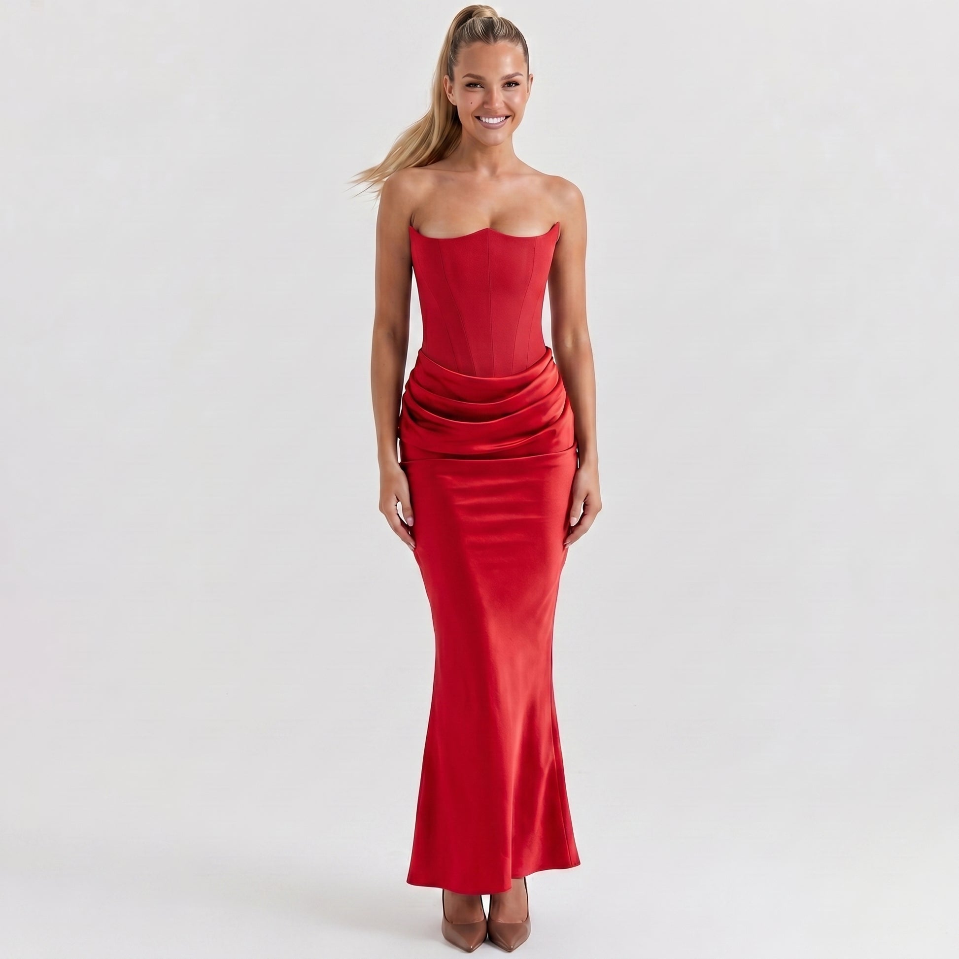 Red Corset Maxi Dress | Strapless Sheath Gown | Formal