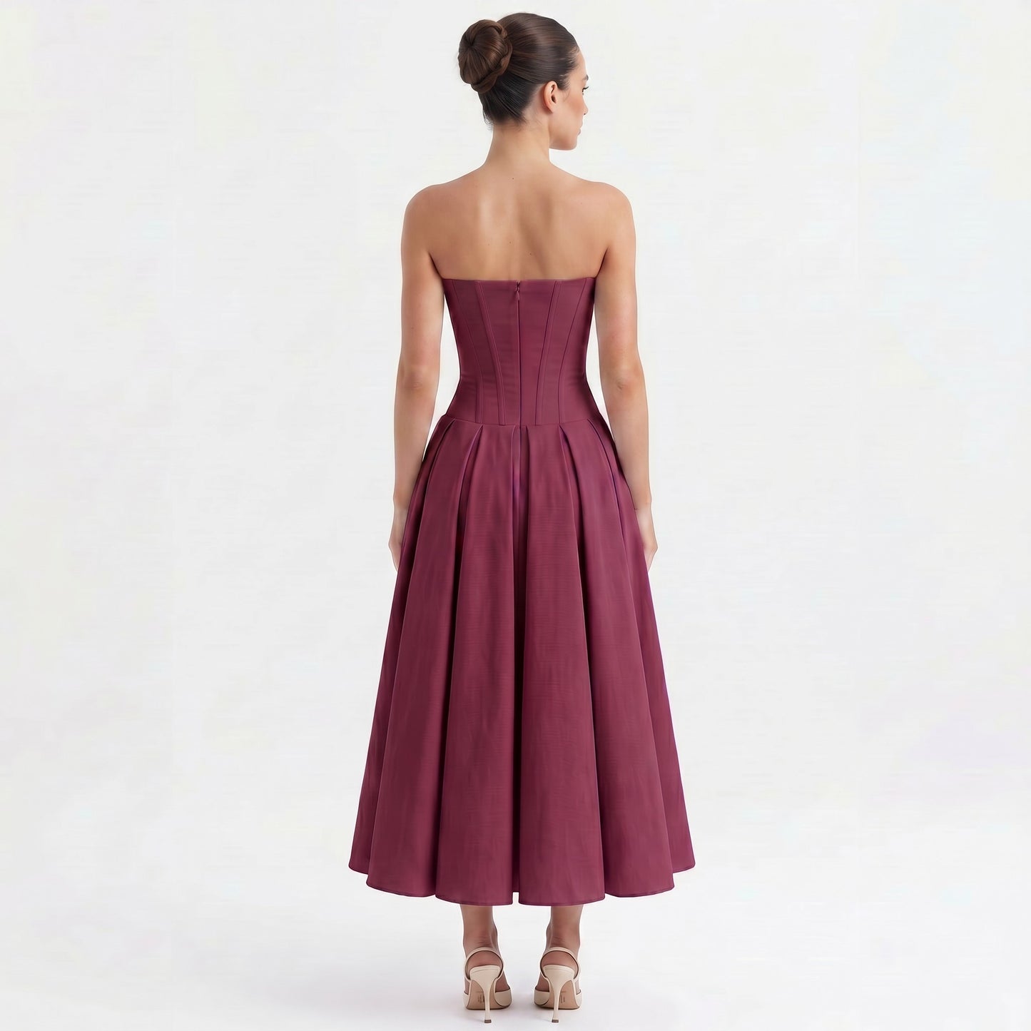 wine-polyester-strapless-midi-dress-back-model-eos-radiance
