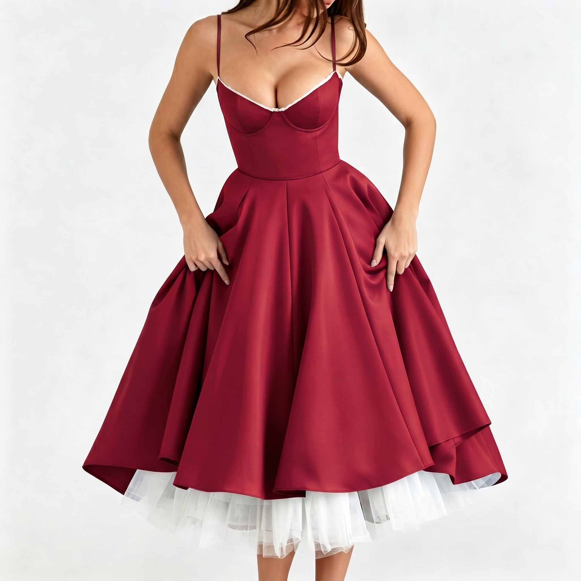 Wine Satin A-Line Midi Dress | Bustier Bodice for Women | Party & Cocktail