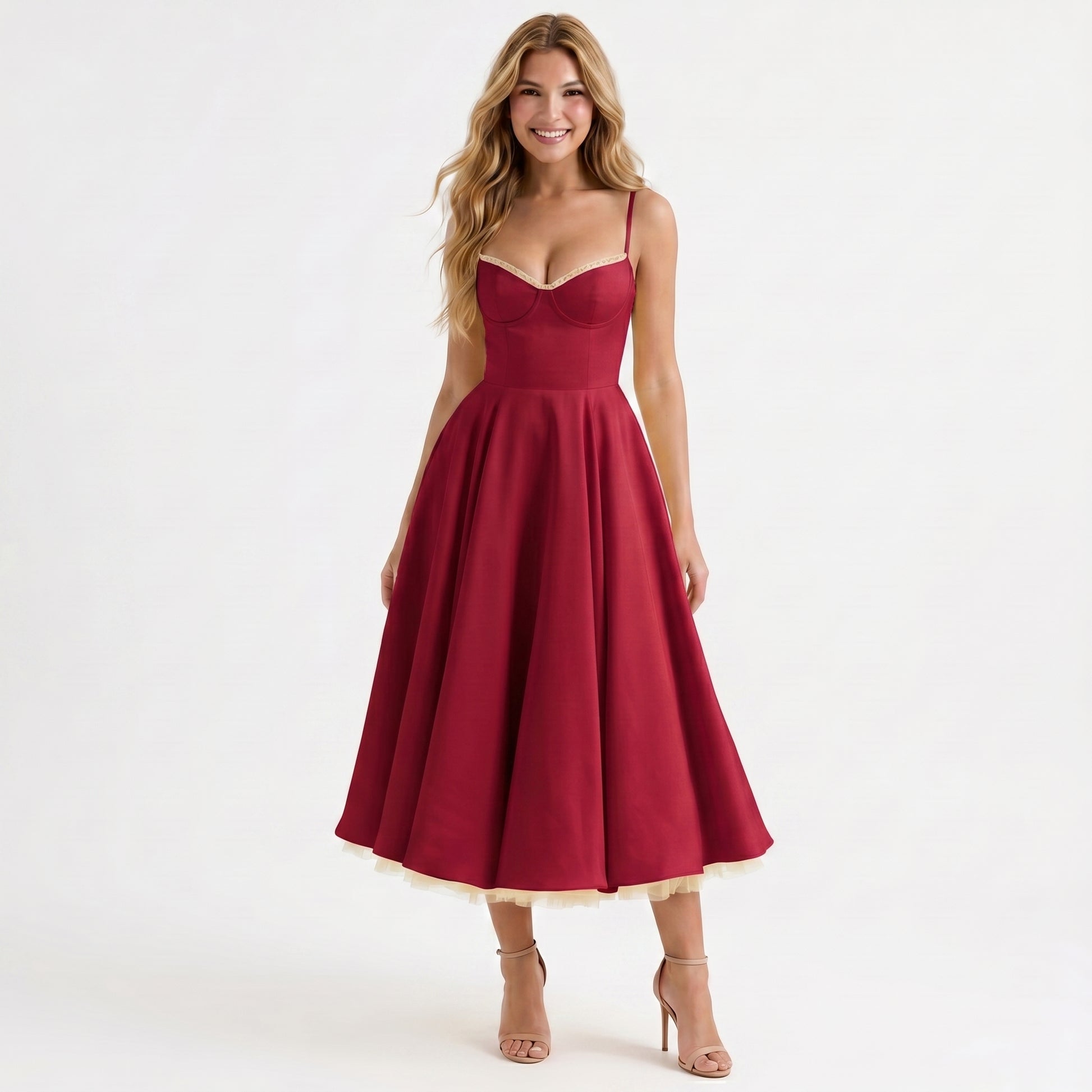 Wine Satin A-Line Midi Dress | Bustier Bodice for Women | Party & Cocktail