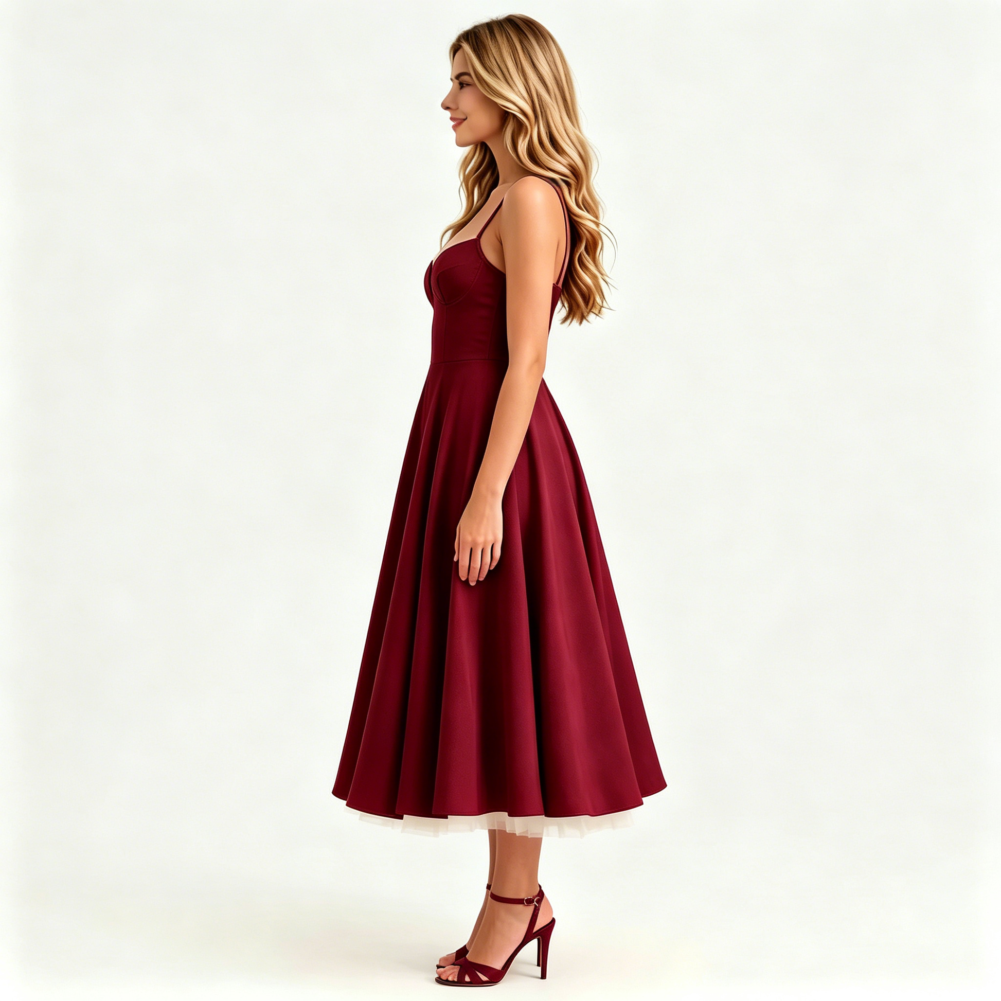 Wine Satin A-Line Midi Dress | Bustier Bodice for Women | Party & Cocktail