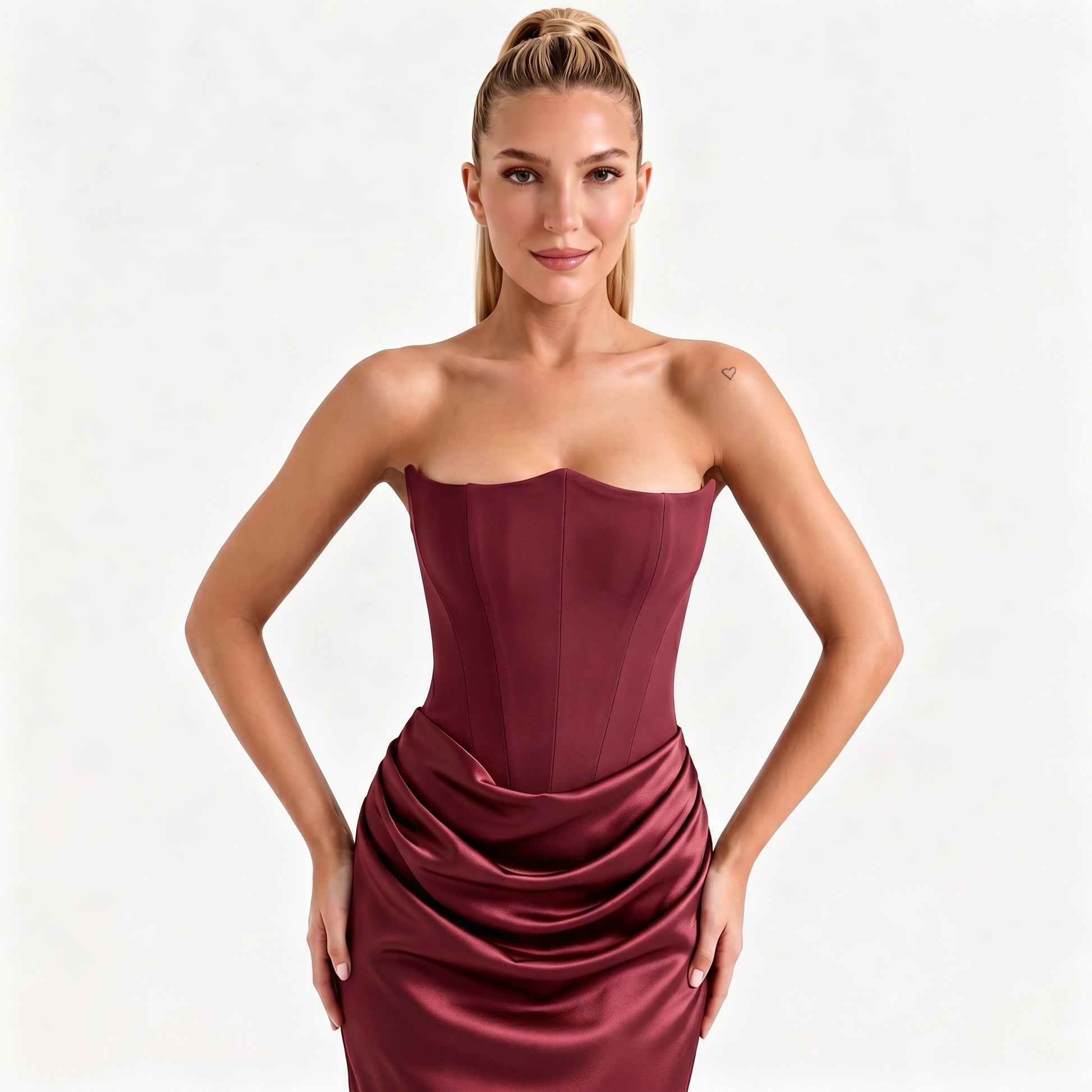 Wine Corset Maxi Dress | Strapless Draped Gown for Women | Formal Evening