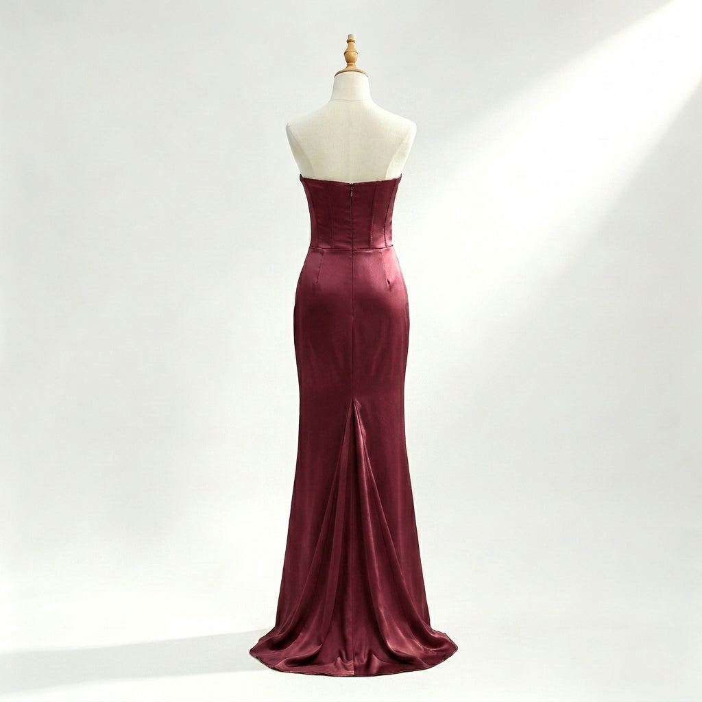Wine Corset Maxi Dress | Strapless Draped Gown for Women | Formal Evening